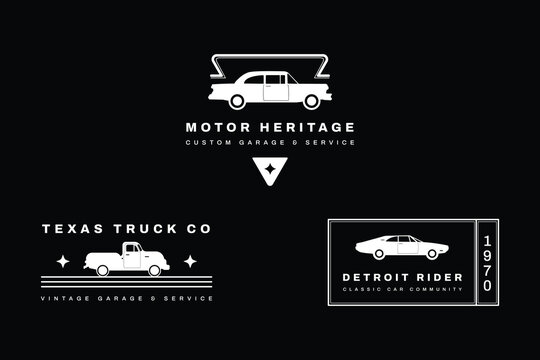 A collection of three white monochrome vintage vehicle logos displayed on a black background.