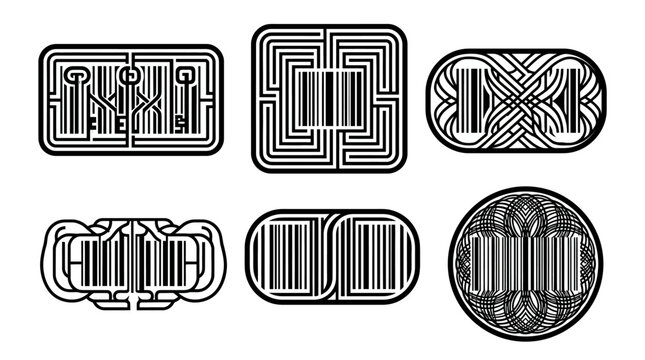 Set di icone grafiche vettoriali con motivi geometrici astratti, labirinti stilizzati e codici a barre integrati in forme circolari, rettangolari e quadrate su sfondo bianco isolato.