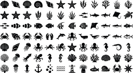 Fototapeta premium Black and white underwater sea life icons set isolated on white background