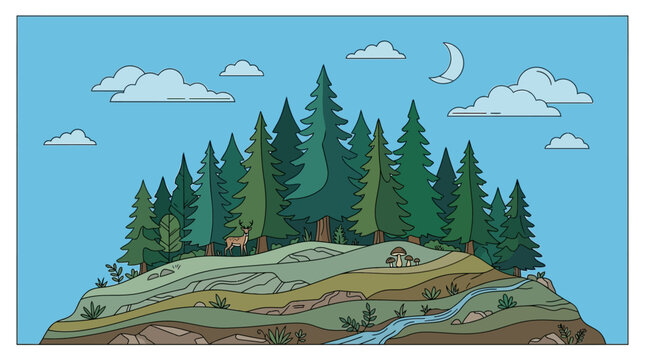 Illustrazione vettoriale di una foresta di conifere su una collina con un ruscello, un cervo e una lepre sotto un cielo azzurro con nuvole e una luna crescente in stile grafico