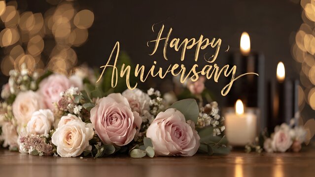 Romantic Anniversary Floral Arrangement with Candles and Golden Script