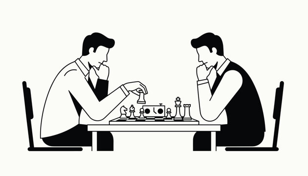 Black and white graphic illustration of two smart men sitting opposite each other and playing a chess match.