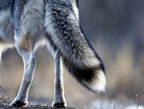 Close-up of a gray wolf tail curling slightly as it prowls through the wilderness