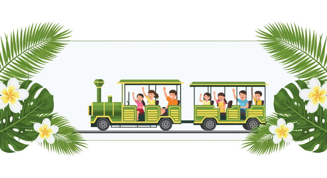 Summer vacation banner with happy kids riding a green tourist train