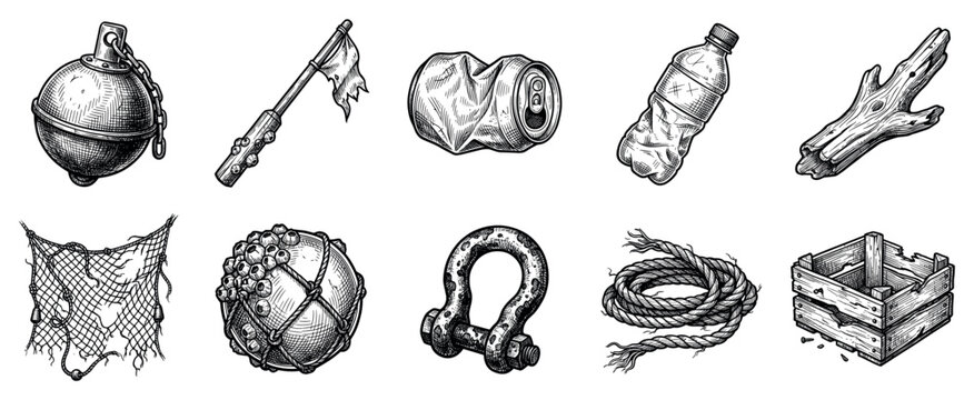 Ocean debris icons set. Marine pollution and lost items concept. Includes buoy, broken flag, crushed can, plastic bottle, driftwood, fishing net, barnacle-covered float, shackle, rope,