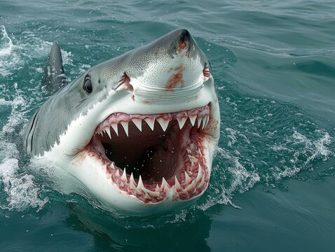 Close-up of a great white shark open jaws, revealing rows of razor-sharp teeth