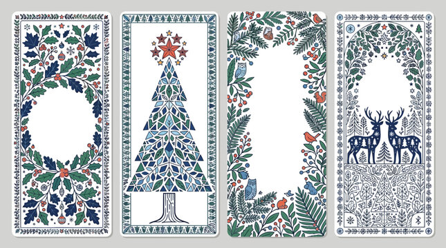 Set di quattro banner verticali decorativi per Natale con illustrazioni in stile folk art di alberi, cervi, ghirlande floreali e motivi botanici invernali su sfondo bianco