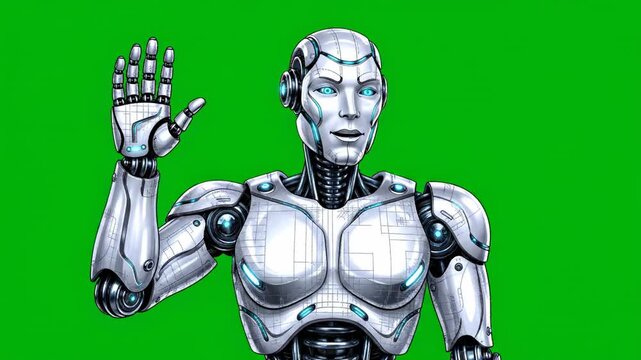 Futuristic robot waving hello with digital interface elements in a clean studio environment