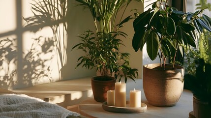 Fototapeta premium A peaceful and bright relaxation area decorated with potted plants and candles creating gentle dancing shadows