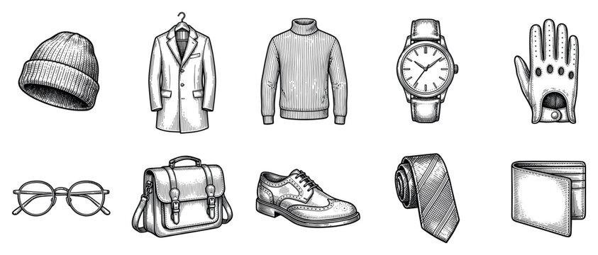 Men's fashion icons set. Classic male accessories and apparel concept. Includes beanie hat, coat, turtleneck, wristwatch, driving glove, eyeglasses, briefcase, brogue shoe, necktie, wallet