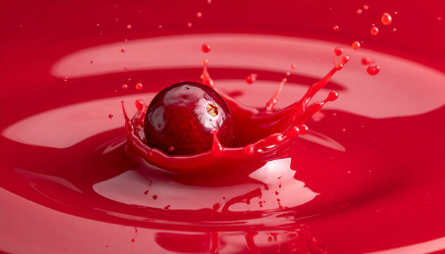 Abstrakte Studio-Makroaufnahme einer frischen Cranberry, die in cremige scharlachrote Cranberrysauce eintaucht, flie&szlig;ende Welle, monochrome tiefrote Farbpalette, einfarbiger roter Hintergrund