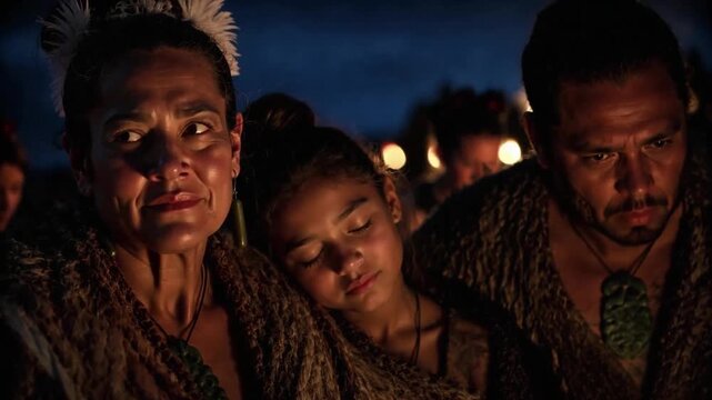Indigenous family participating in traditional ceremony at night  