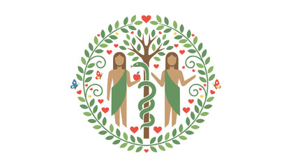 Fototapeta premium Stylized biblical illustration of Adam and Eve in the Garden of Eden next to the tree of life with the snake.