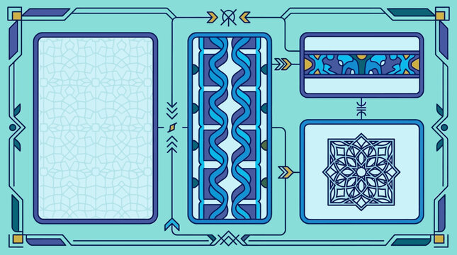 Set di elementi grafici decorativi con motivi geometrici in stile art d&eacute;co e ornamenti floreali stilizzati su sfondo azzurro pastello, ideale per design di cornici e layout eleganti.