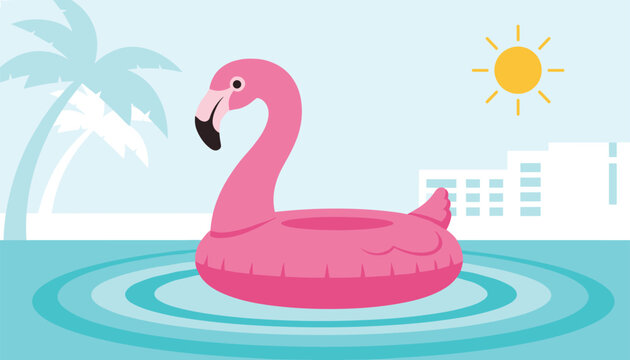 Bright pink flamingo pool float drifts on calm turquoise water with palm trees and a sunny sky in the background.