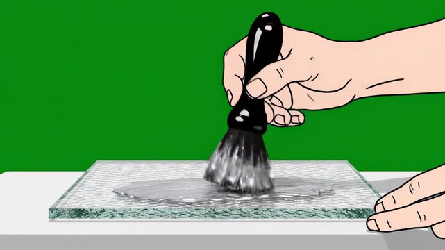 Hand applying ink with brush on glass surface during creative process