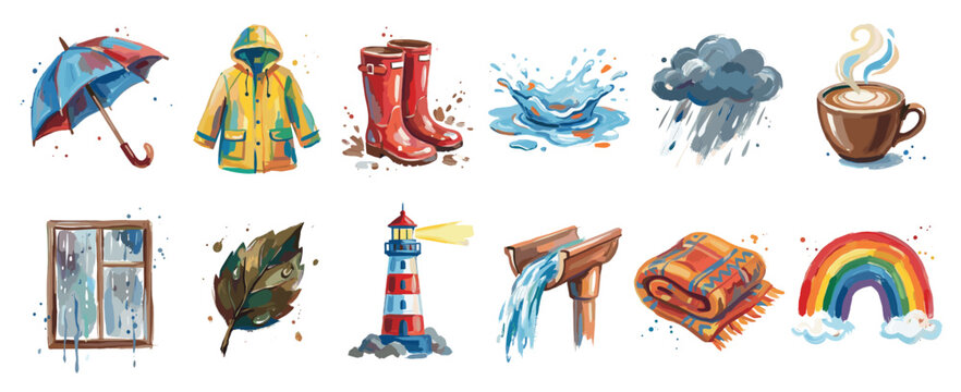 Rainy weather icons set. Autumn and cozy season concept. Includes umbrella, raincoat, rain boots, water splash, rain cloud, hot drink, wet window, wet leaf, lighthouse, gutter, blanket,
