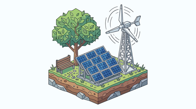 Isola isometrica con pannelli solari, turbina eolica e albero, simbolo di energia rinnovabile e sostenibilit&agrave;