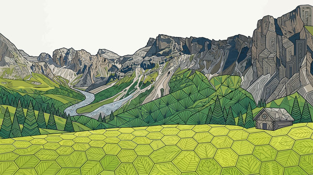 Paesaggio montano illustrato con valle verde, fiume serpeggiante, baita isolata e prato esagonale, ideale per avventura e natura.