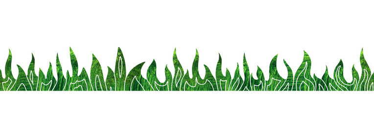 green grass border, watercolor horizontal grass banner isolated on transparent background. Spring and summer clipart with copy space for greeting cards and decor © Kisandaya