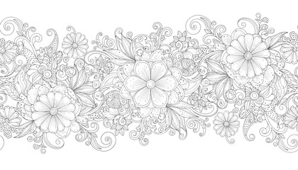 Fototapeta premium Intricate floral seamless border featuring detailed hand drawn flowers and swirls for adult coloring book pages.