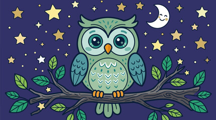 Fototapeta premium Un simpatico gufo cartone animato con grandi occhi siede su un ramo sotto un cielo notturno stellato e una luna sorridente.
