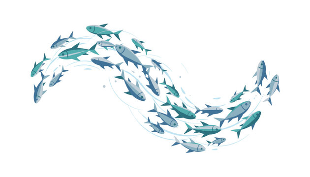 Large school of blue fish swimming together in a beautiful synchronized wave pattern on a white background.