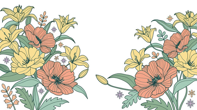 Illustrazione floreale con gigli gialli e papaveri corallo su sfondo bianco, design decorativo.