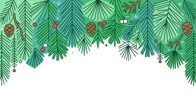 Illustrazione festiva di rami di pino verdi con pigne e bacche rosse su sfondo sfumato
