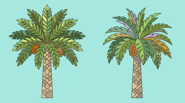 Due palme da dattero stilizzate con frutti maturi su sfondo turchese, perfette per design tropicale e vacanze estive.