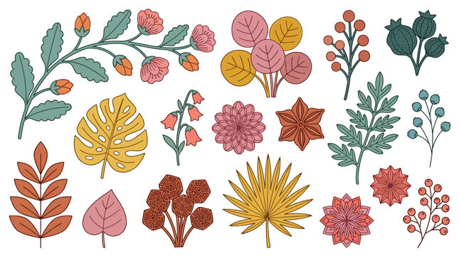 Set di elementi botanici stilizzati e disegnati a mano, con fiori, foglie e bacche, ideale per design e decorazioni creative.