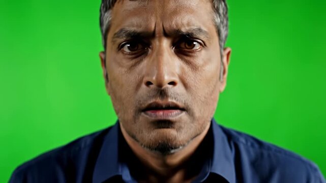 Man's Face Expressing Multiple Emotions Against a Chroma Key Background with Close-Up Shots