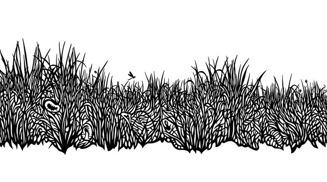 Un'illustrazione dettagliata e stilizzata di un bordo d'erba disegnato a mano in bianco e nero, ideale per sfondi, elementi grafici e design ecologici.