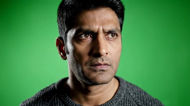Man's facial expressions showing doubt and contemplation in studio lighting