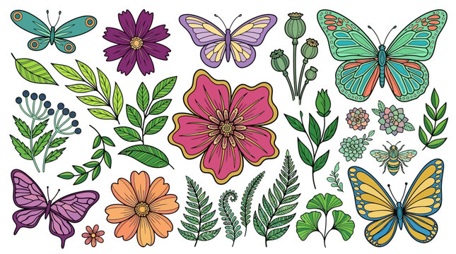Vibrante collezione di illustrazioni botaniche disegnate a mano con farfalle colorate, fiori e foglie dettagliate, perfette per design primaverili ed estivi.