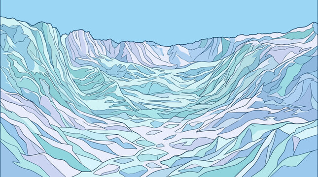 Paesaggio glaciale astratto e stilizzato con montagne imponenti e una valle ghiacciata, reso con forme geometriche e colori freddi.