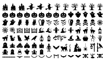 Obraz premium Halloween Vector Silhouette Pack Haunted House Creepy Tree Witch and Ghost Elements