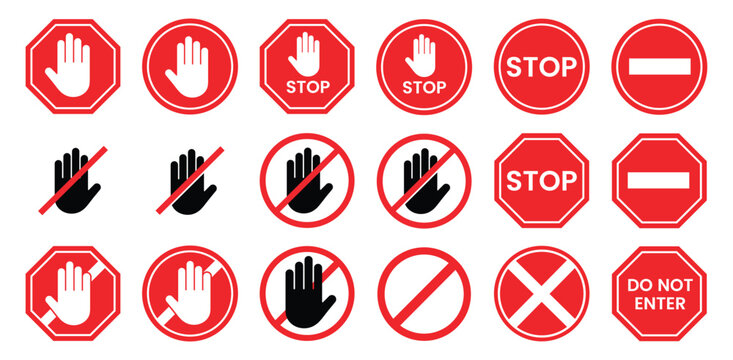Stop signs set. Red traffic car stop hand signal warning symbol. Do not enter forbidden sticker. Ad block sign. Hazard sign symbol vector illustration isolated on white background.
