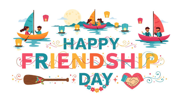 Happy Friendship Day Banner: A vibrant illustration celebrating Friendship Day with people enjoying boat rides on a serene lake under a full moon, lanterns floating.