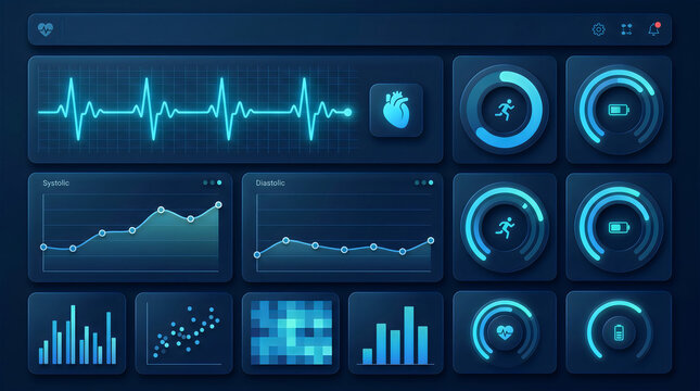 Digital health monitoring dashboard interface with neon blue glowing graphs, heart rate ekg line, activity rings, and data statistics on a dark blue background screen