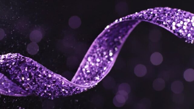 Elegant purple glitter ribbon swirls on a dark background