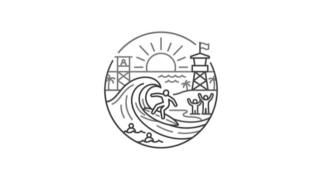 Beach surfing emblem with lighthouse line art.