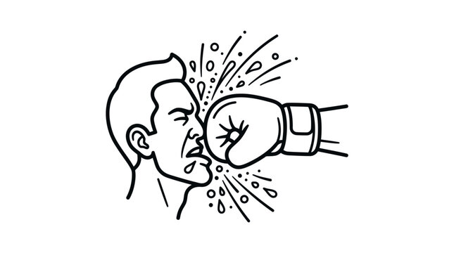 Boxing punch impact on man's face line art.