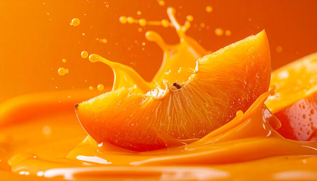 Abstrakte Studio-Makroaufnahme eines reifen Kaki-St&uuml;cks, das in cremiges dunkelorangenes Kakip&uuml;ree eintaucht, flie&szlig;ende Welle, monochrome orangefarbene Farbpalette, einfarbiger oranger Hintergrund
