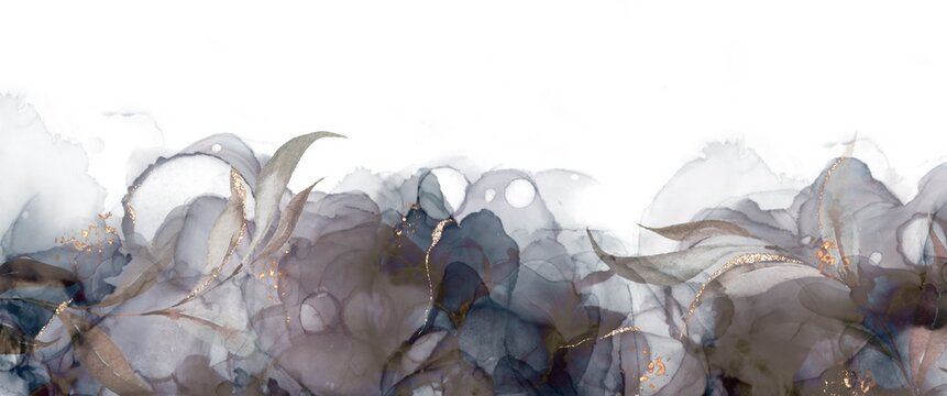 alcohol ink and watercolor border with floral motif supplemented with golden elements created by hand with layered liquid shapes on white backdrop 