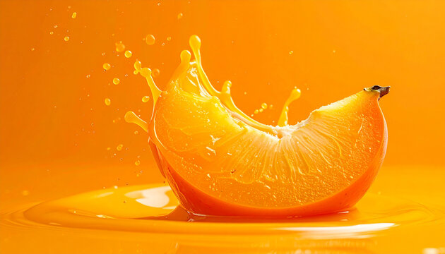 Abstrakte Studio-Makroaufnahme eines reifen Kaki-St&uuml;cks, das in cremiges dunkelorangenes Kakip&uuml;ree eintaucht, flie&szlig;ende Welle, monochrome orangefarbene Farbpalette, einfarbiger oranger Hintergrund