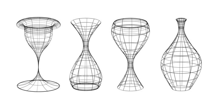 3D wireframe models of symmetrical vessel-like shapes including wine glass, hourglass, goblet, and bottle, abstract geometric illustration for design and computer graphics visualization