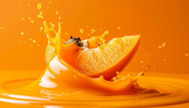 Abstrakte Studio-Makroaufnahme eines reifen Kaki-St&uuml;cks, das in cremiges dunkelorangenes Kakip&uuml;ree eintaucht, flie&szlig;ende Welle, monochrome orangefarbene Farbpalette, einfarbiger oranger Hintergrund