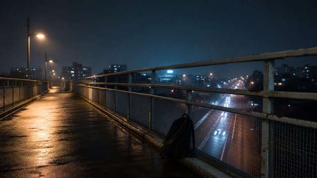 Unattended Backpack on Empty Pedestrian Overpass
