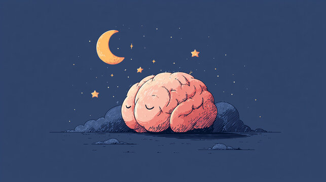 Sleeping brain under a crescent moon and stars at night, rest and sleep concept illustration
